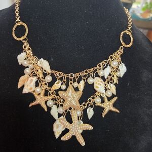 Gold Starfish and Shell Pearl Charm Necklace